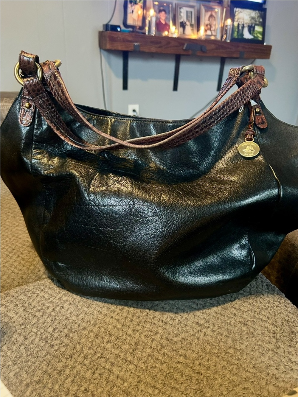 Brahmin Black Leather Shoulder Bag with Brown Trim